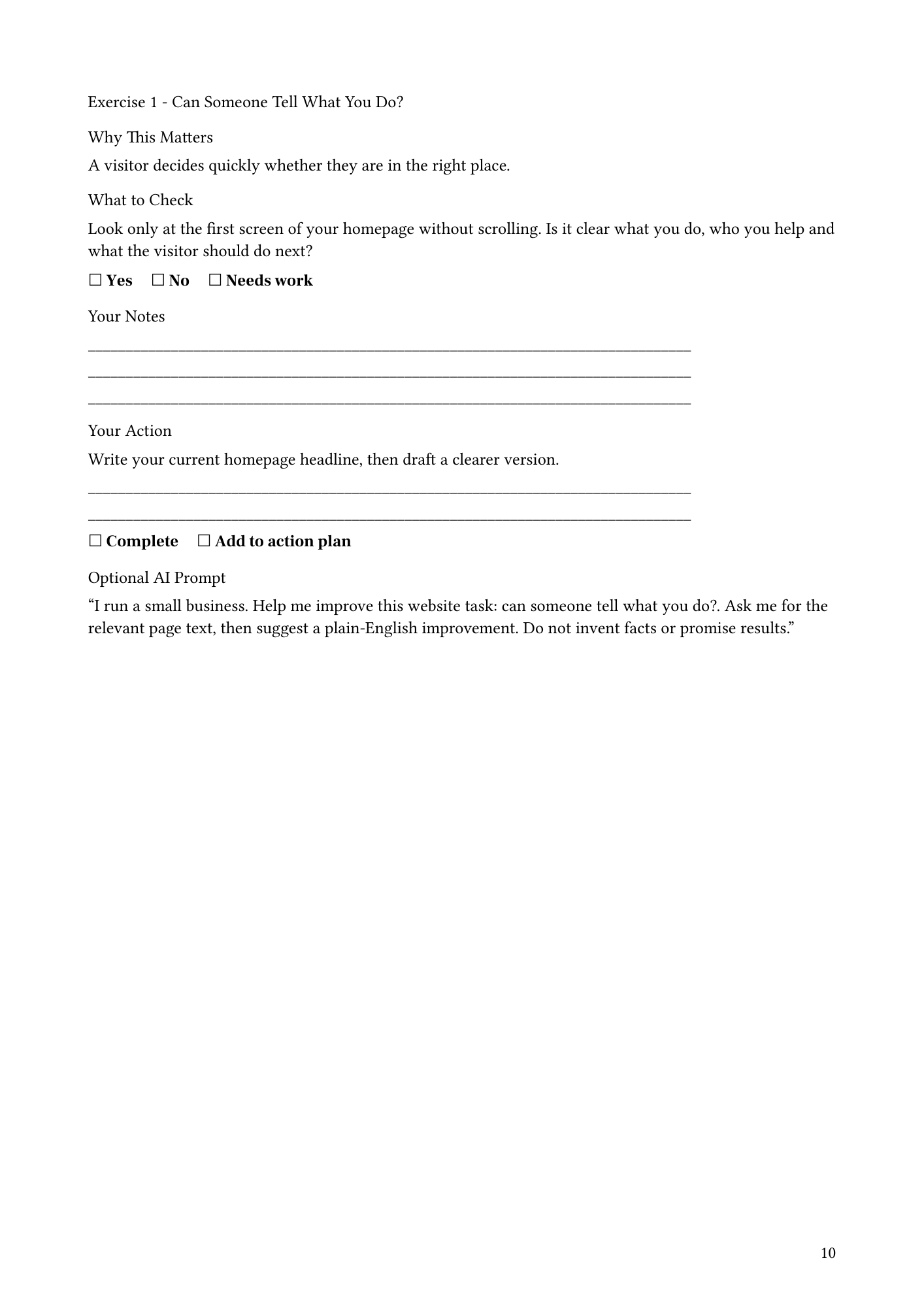 Example workbook exercise page